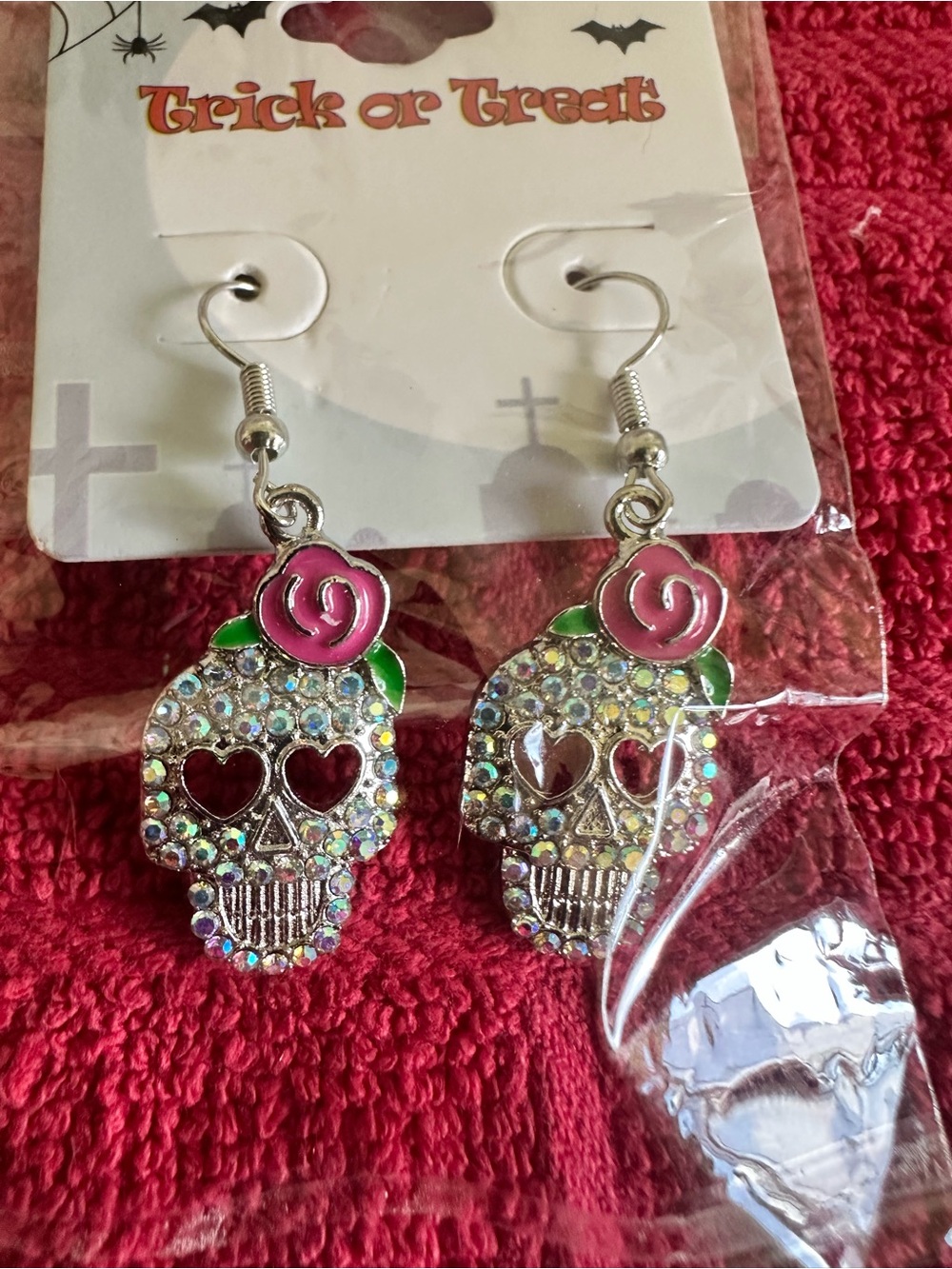 Crystal Skull Drop Earrings with Pink Rose Accent